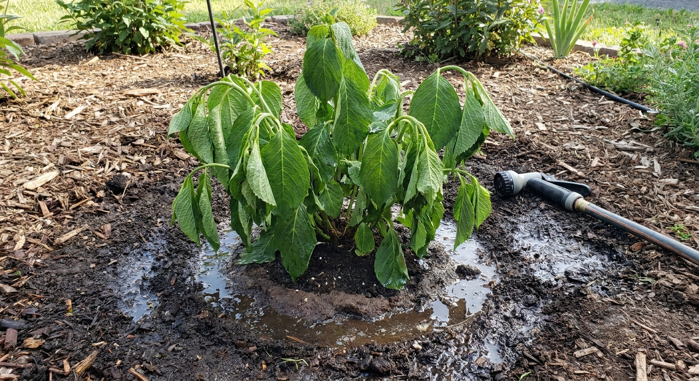 A recently transplanted hydrangea with drooping leaves in a garden bed, showing temporary wilt while soil around the base looks freshly watered