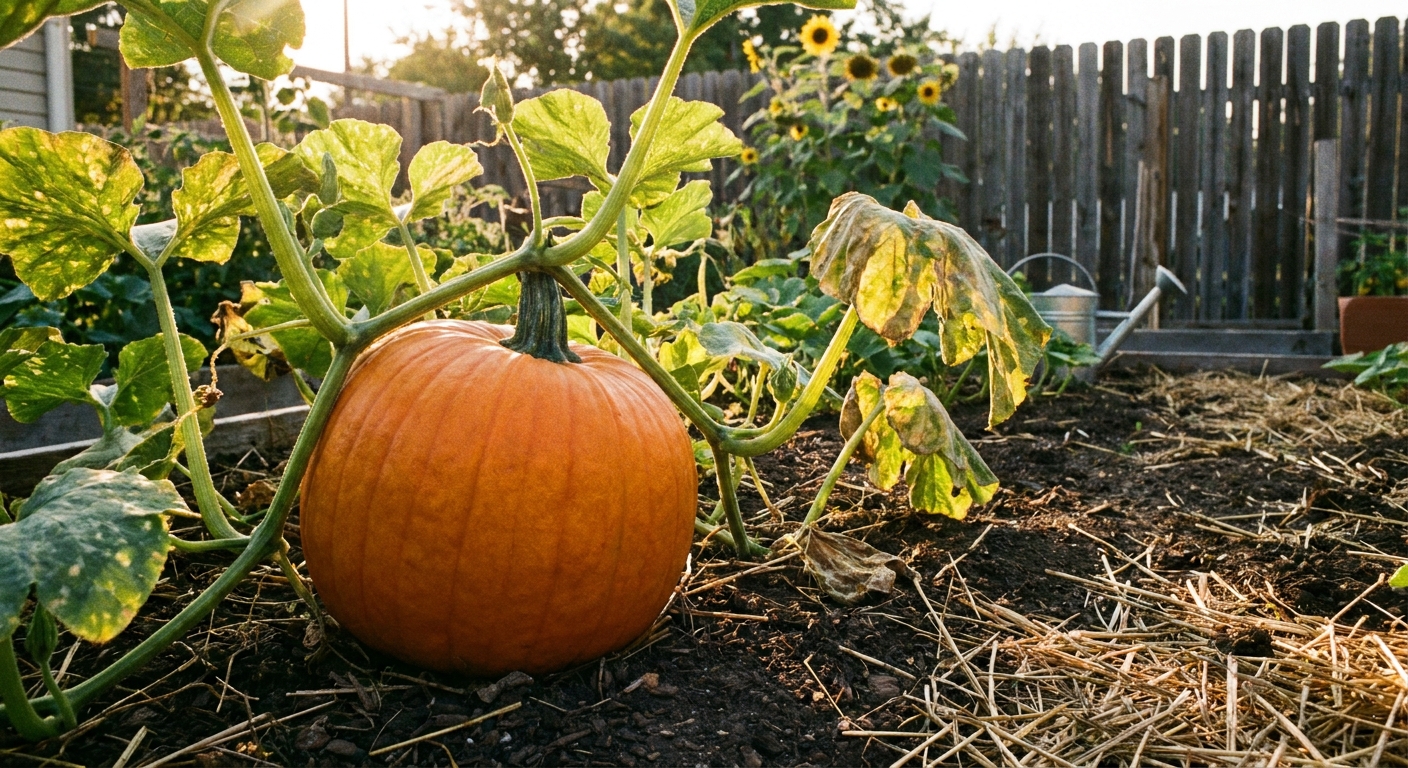 A ripe orange pumpkin attached to a green vine in a sunny backyard garden, with broad squash leaves and soil mulch visible