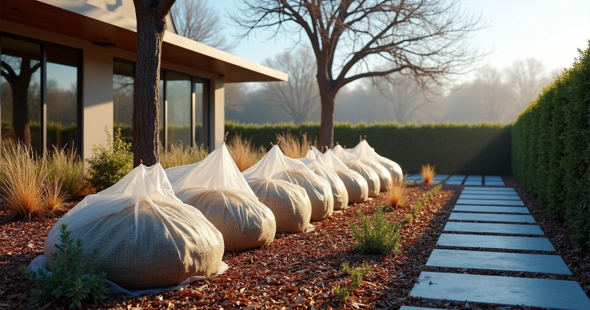 A rosemary shrub outdoors wrapped loosely in burlap around wooden stakes to block winter wind, with light snow on the ground, realistic photo