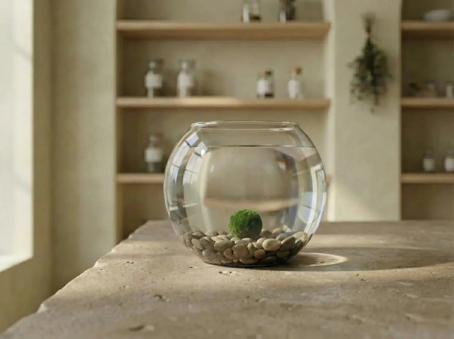 A round green marimo moss ball in a small glass bowl of water placed on a shaded indoor shelf with soft indirect daylight