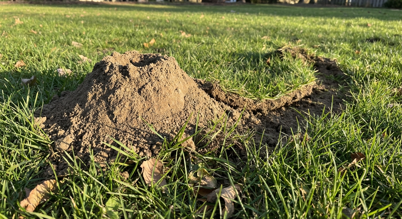 A round, volcano-shaped soil mound in a grassy lawn with a subtle raised tunnel ridge nearby, photographed at ground level