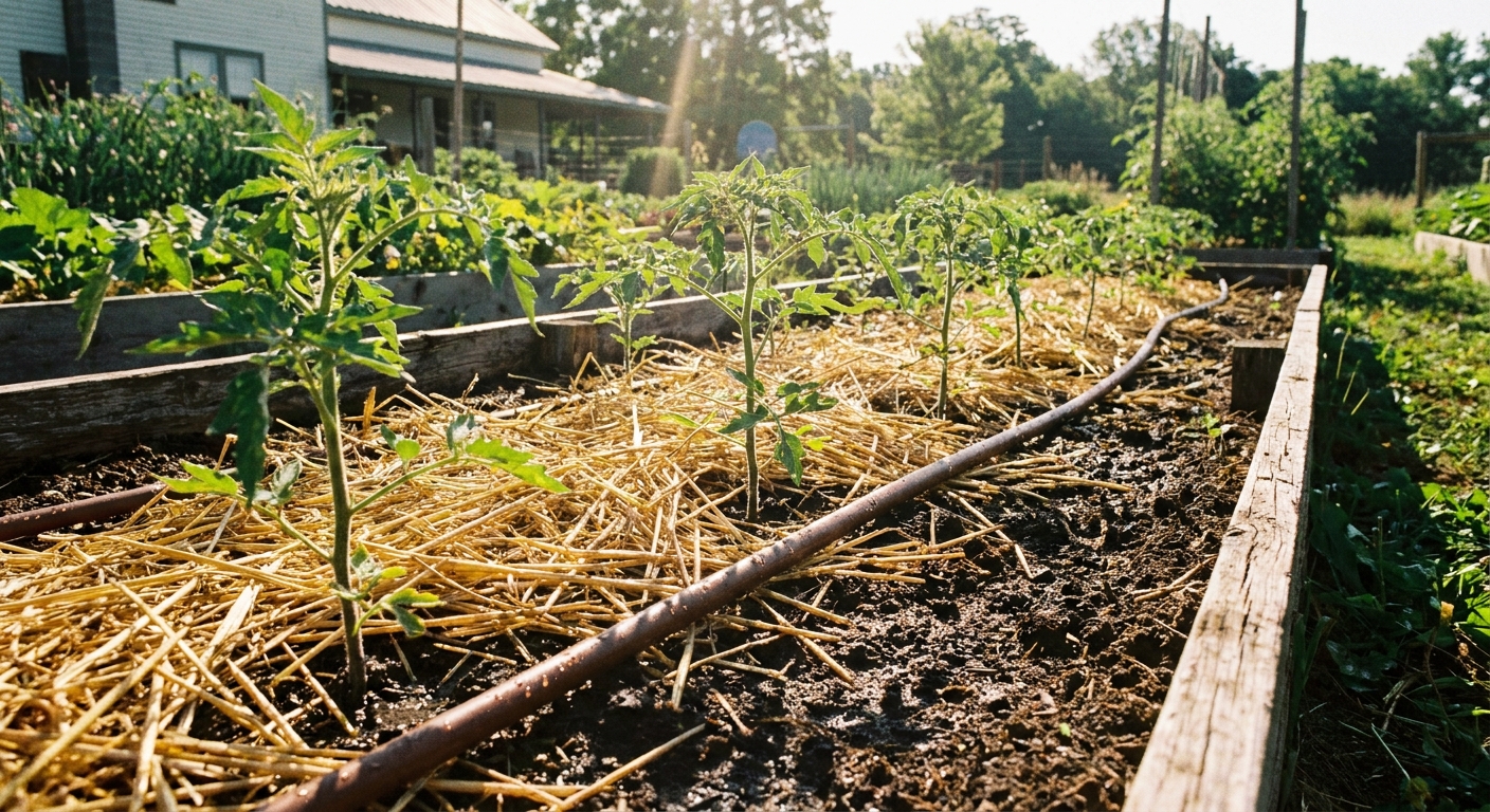 A row of young tomato plants mulched with straw and watered by a drip irrigation line in a sunny garden bed