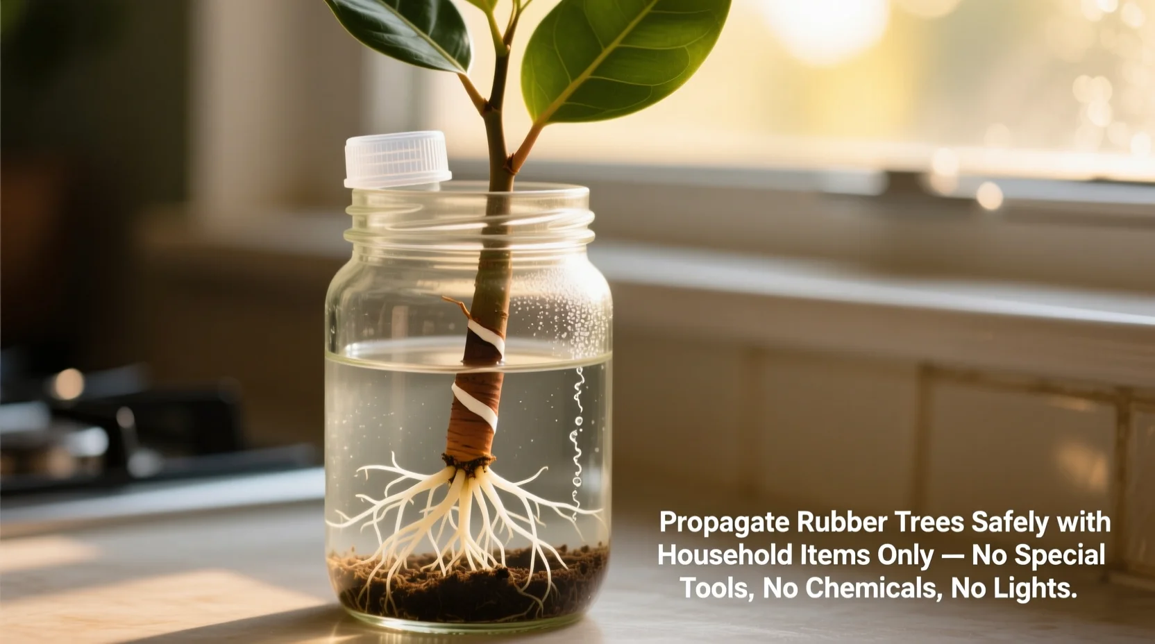A rubber plant cutting rooting in a clear glass jar of water on a bright windowsill, with small white roots forming at the submerged node
