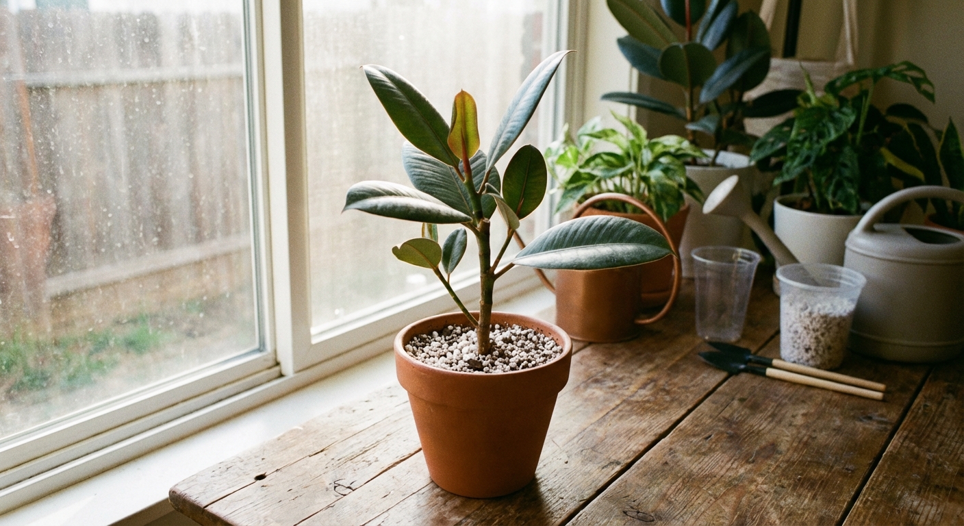 A rubber plant stem cutting planted in a small nursery pot filled with a light potting mix and perlite, sitting on a tabletop near a window