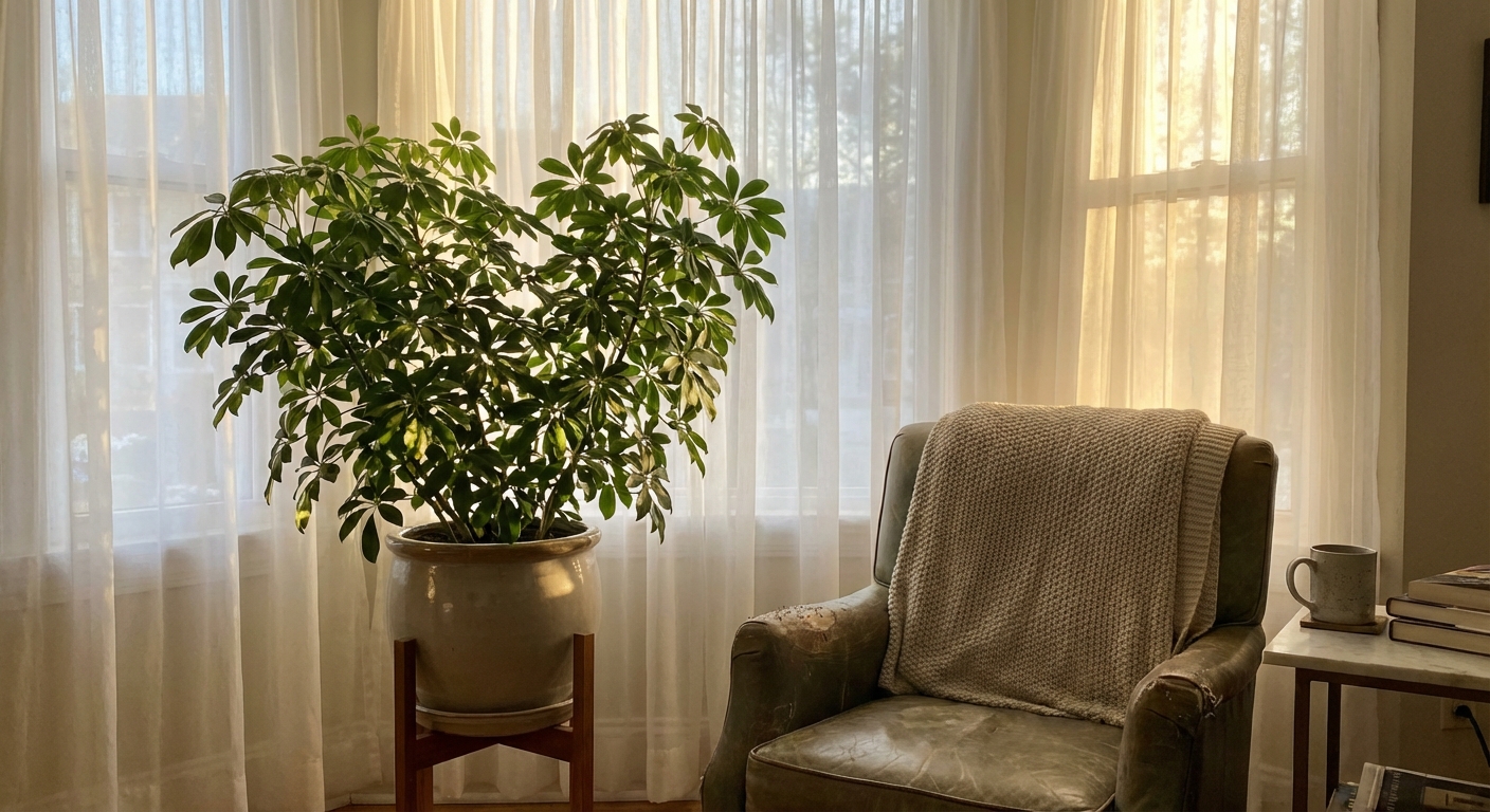 A schefflera plant placed a few feet from a bright east-facing window with sheer curtains, soft morning light on the leaves, cozy indoor setting, photorealistic