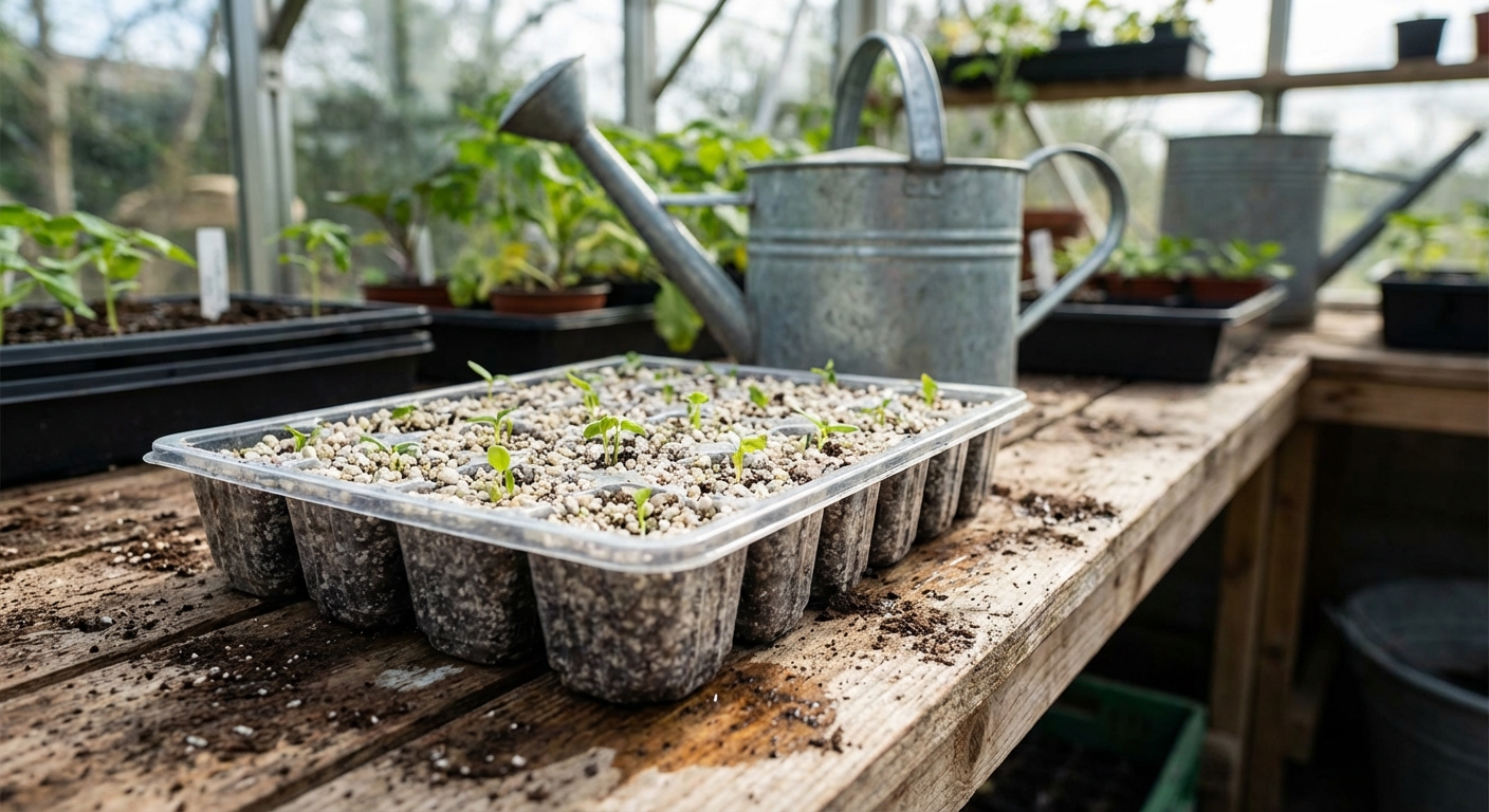A seedling tray filled with a light perlite-based propagation mix on a greenhouse bench, with a watering can in the background, photorealistic