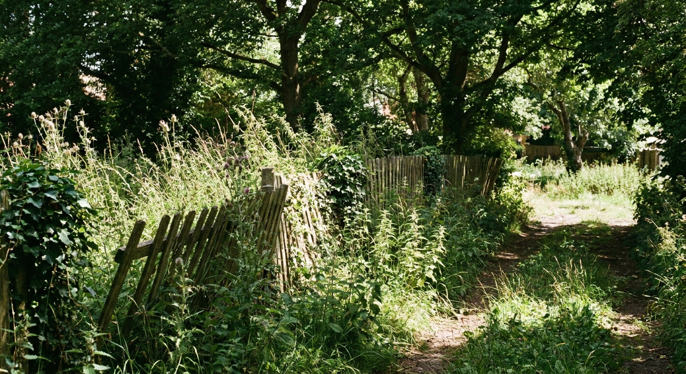 A shaded fence line with overgrown weeds and tall grass along the yard perimeter, natural photo style