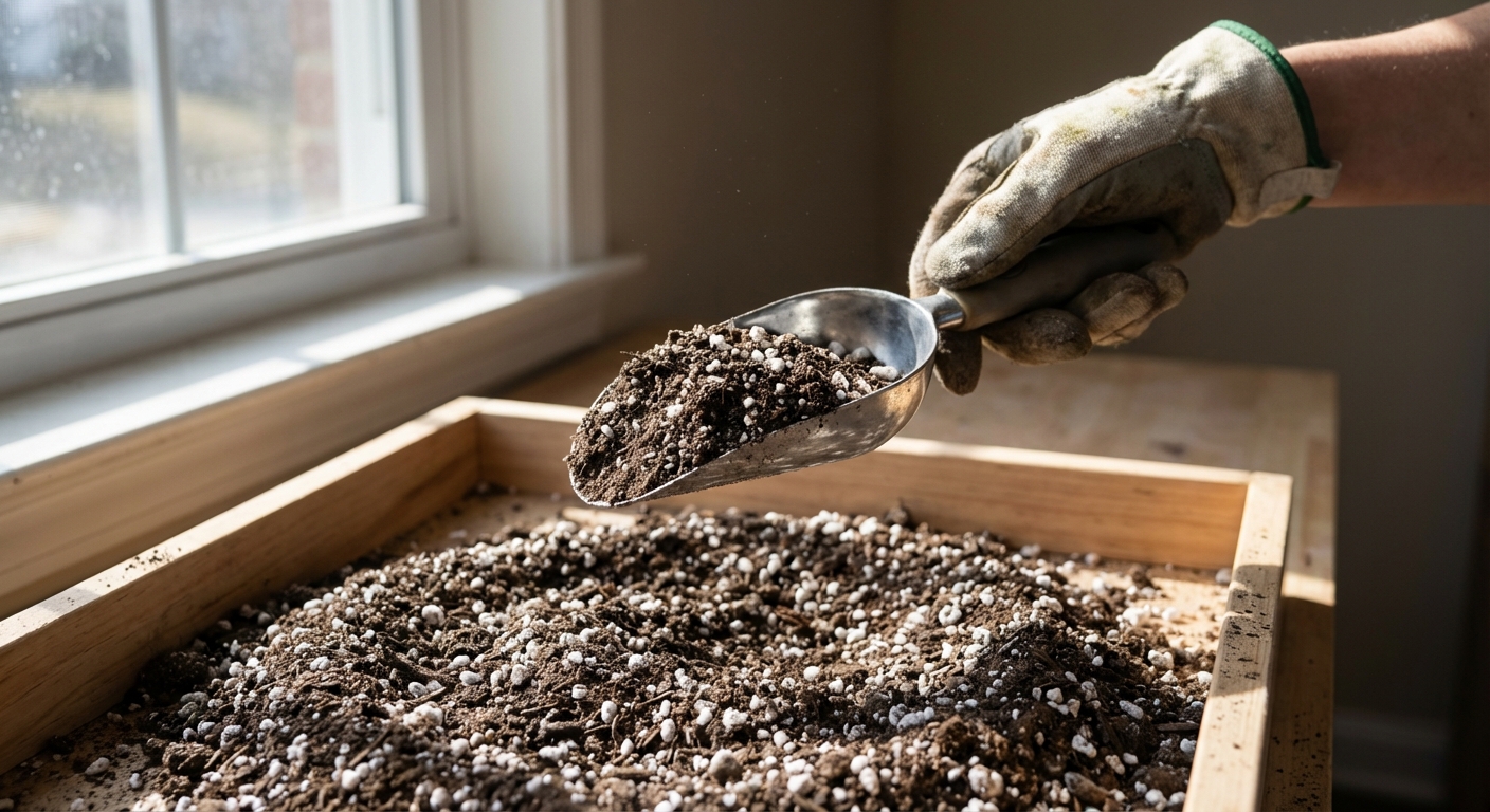 A shallow tray filled with cactus potting soil mixed with perlite, with a hand holding a scoop above the tray, bright indoor light, photorealistic