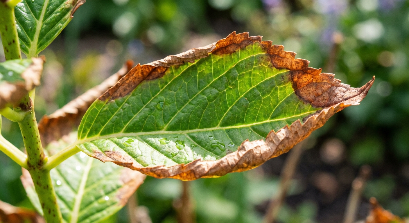 A sharp, close-up photograph of a single hydrangea leaf still attached to the plant, showing brown, crispy margins and slightly curled edges while the center remains green, shot outdoors in bright natural light
