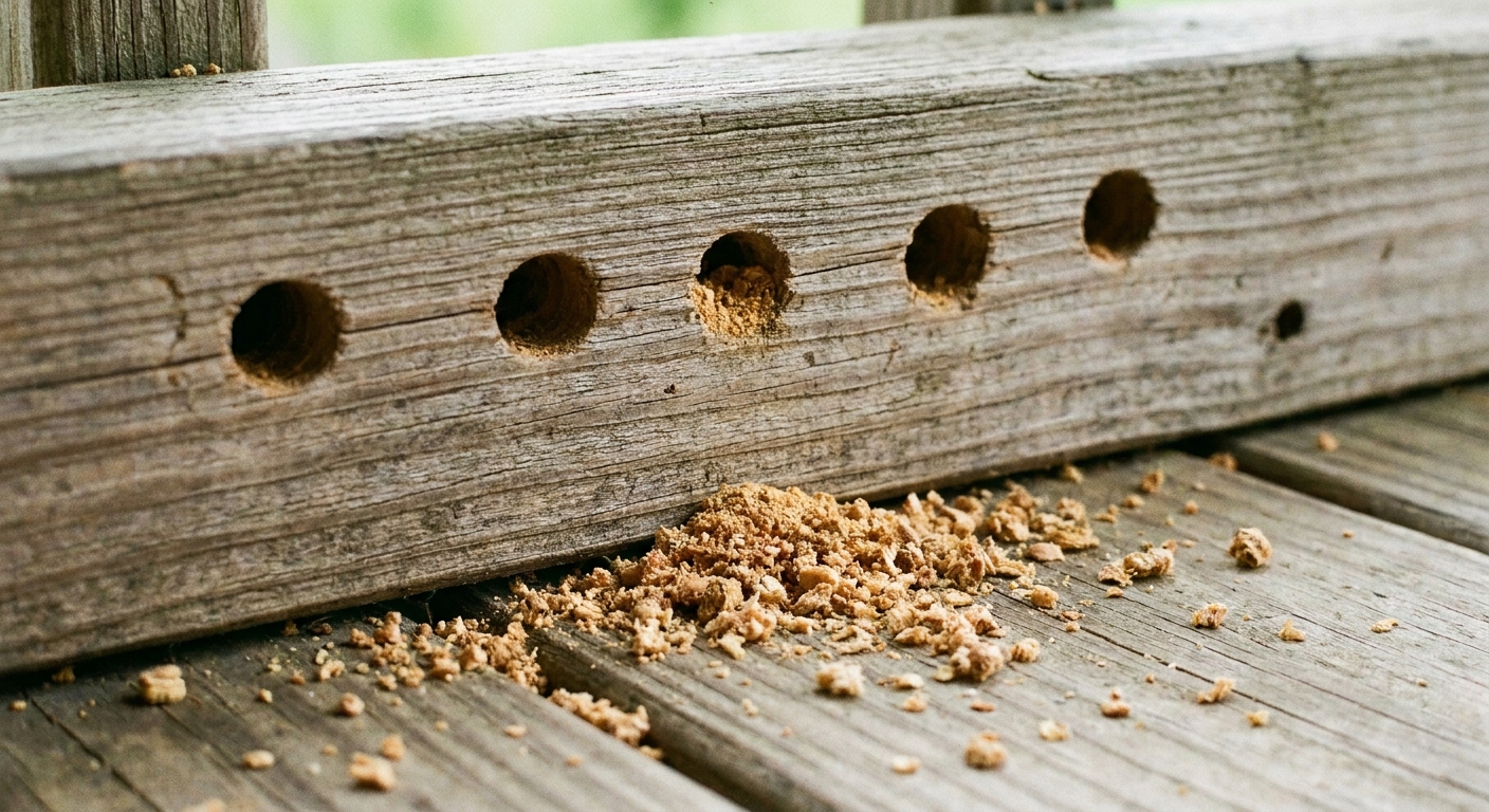 A sharp close-up photograph of several round carpenter bee entrance holes on an unpainted porch railing with fresh sawdust scattered below