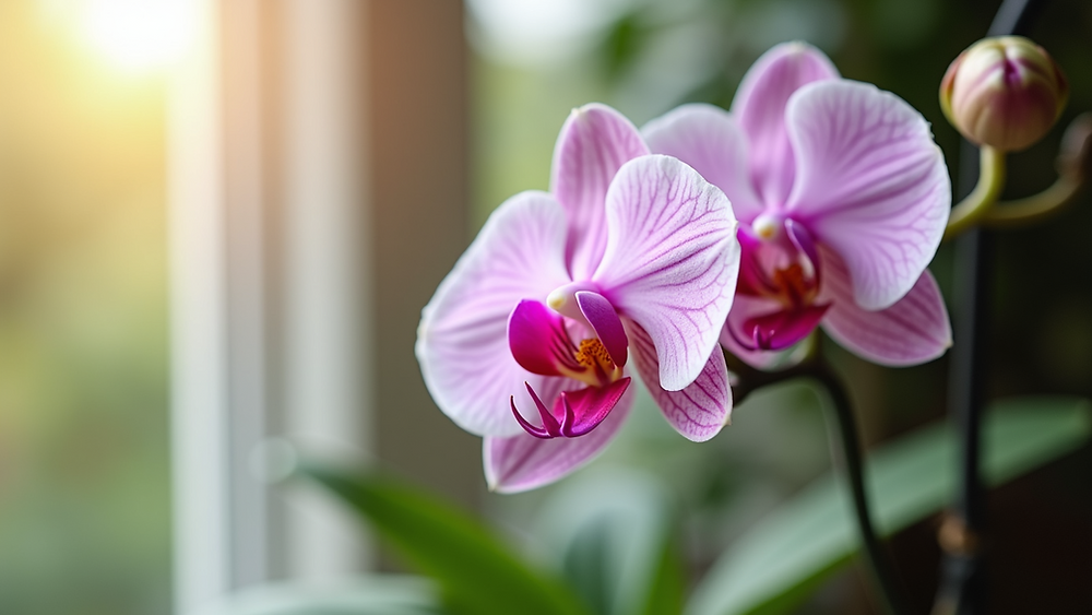 A sharp close-up real photo of a healthy Phalaenopsis orchid crown with firm green leaf bases and a dry center, photographed in bright indirect daylight