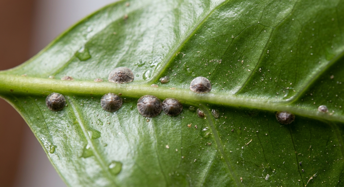 A sharp macro photo of armored scale insects on the underside of a glossy green houseplant leaf, showing small round gray-brown shield-like discs along the central vein in bright natural light