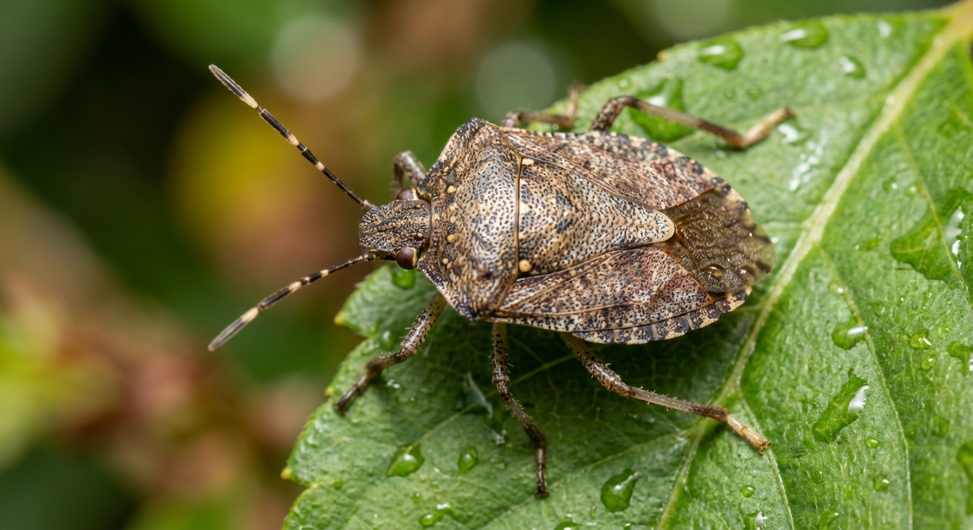 A sharp macro photograph of a brown marmorated stink bug resting on a green leaf, showing banded antennae and the shield-shaped body in natural outdoor light