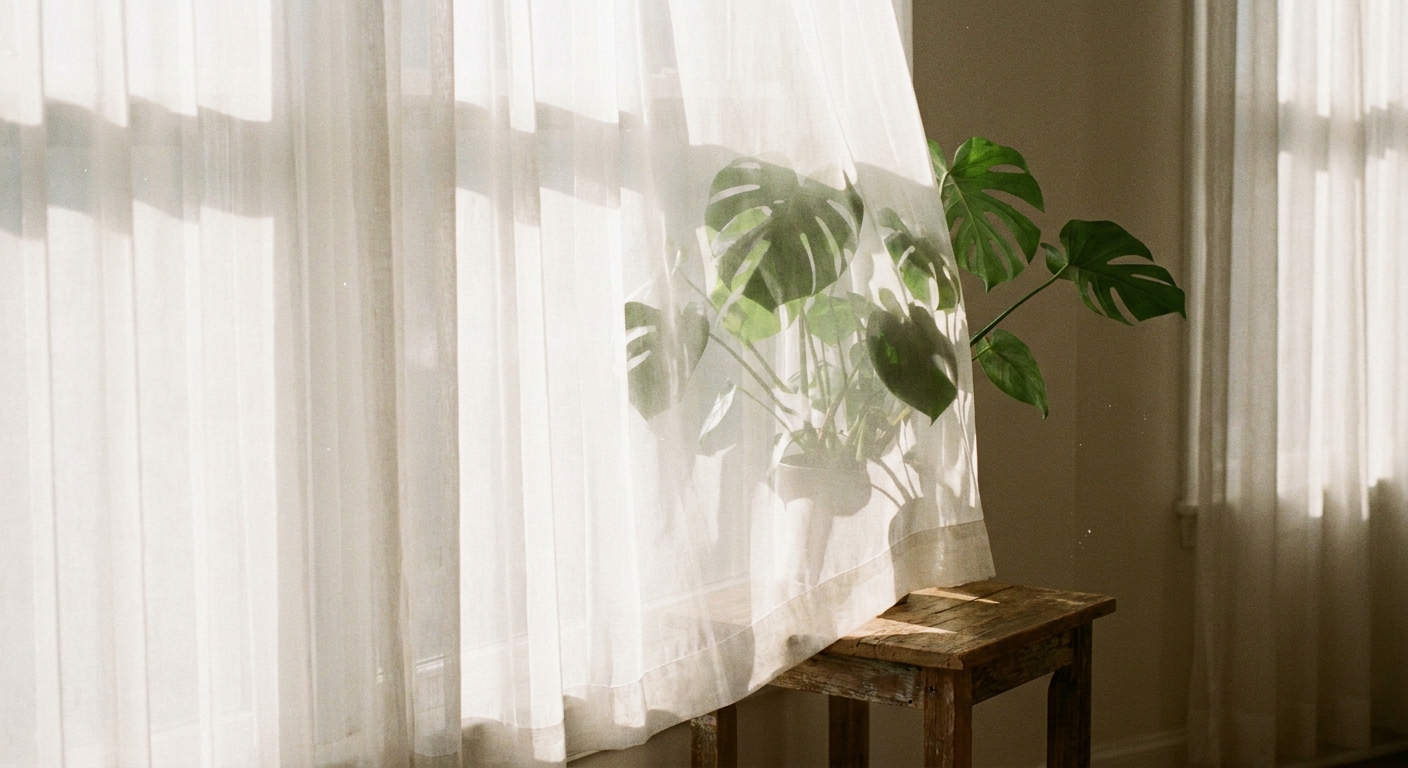 A sheer white curtain glowing with sunlight beside a leafy houseplant on a small table, showing soft filtered light, real photography style