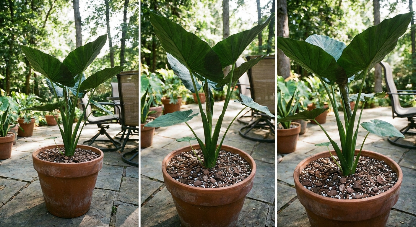 A single Alocasia elephant ear growing in a large patio container outdoors, with upright dark green leaves and well-draining potting mix visible at the surface