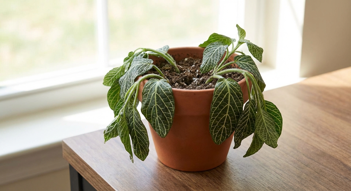 A single Fittonia nerve plant in a small pot with drooping, wilted leaves on a tabletop, indoor natural light, photorealistic