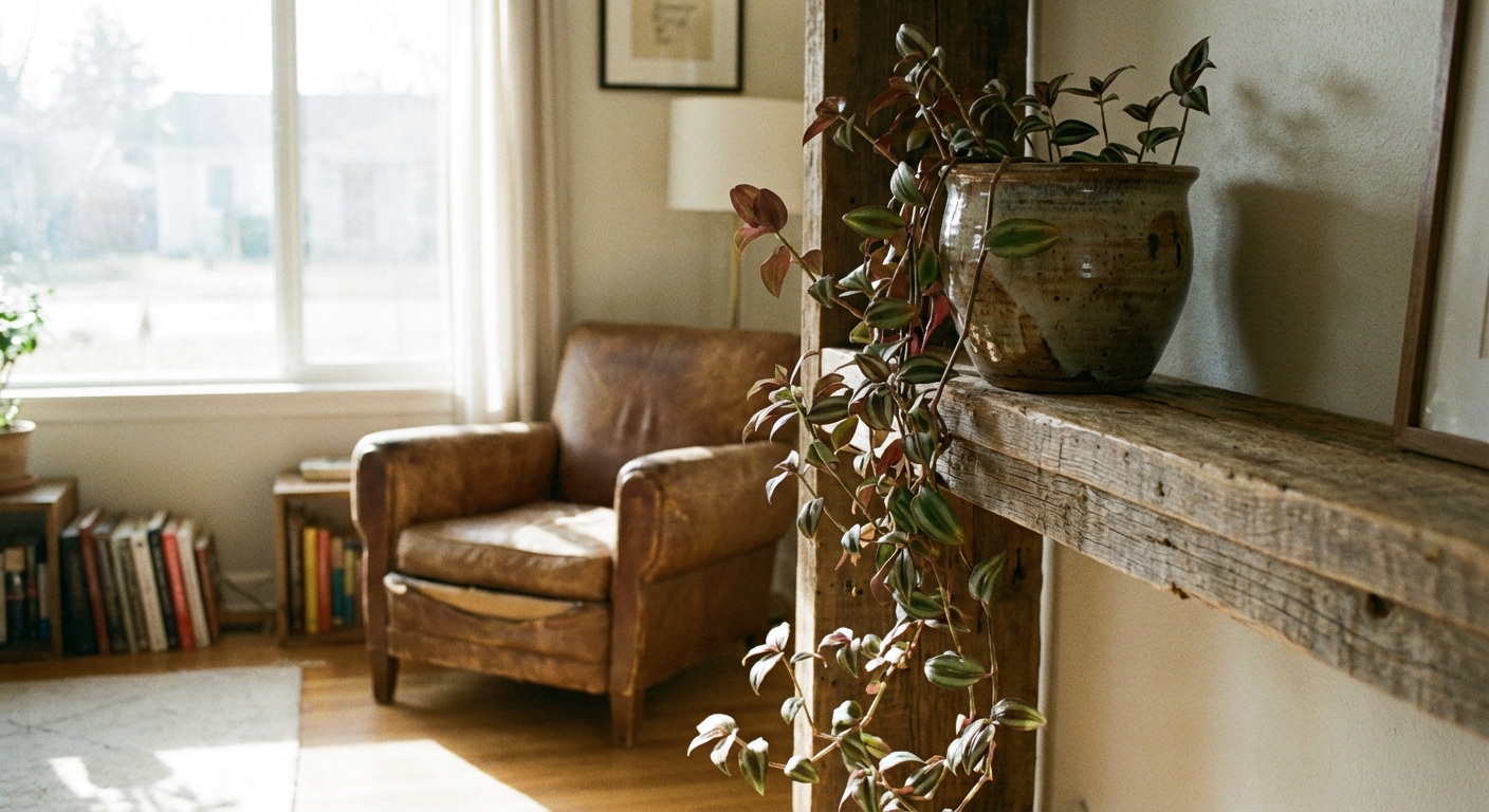 A single Tradescantia plant in a ceramic pot placed on a wooden shelf, with long trailing vines cascading down the side in a cozy living room, natural light, photorealistic