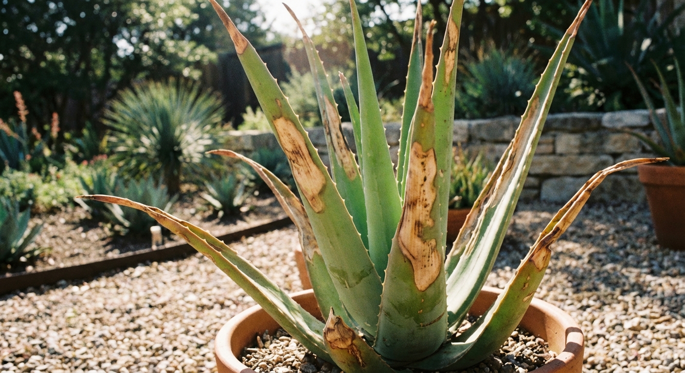 A single aloe vera plant photographed outdoors in bright sunlight, with several leaves showing tan and brown sunburn patches on the upper surface, crisp damaged areas, garden background softly blurred