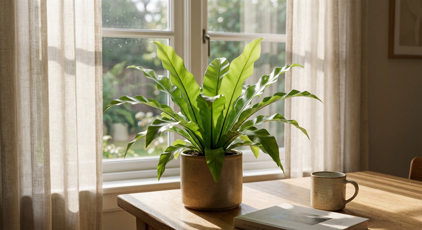 A single bird’s nest fern in a simple ceramic pot on a bright indoor table near a window with sheer curtains, glossy green fronds radiating from a central rosette, natural morning light, photorealistic