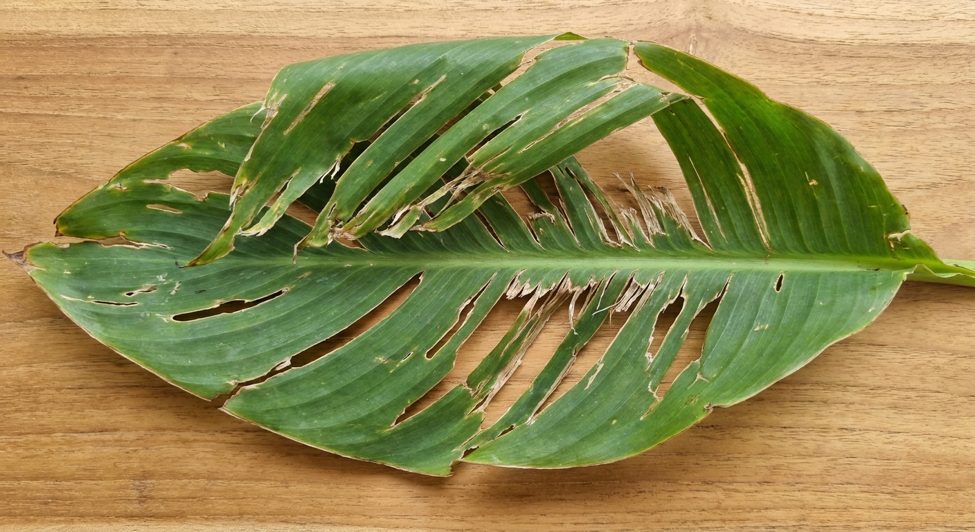 A single canna leaf opened and visibly torn with ragged holes and shredded sections running lengthwise where the leaf was previously rolled