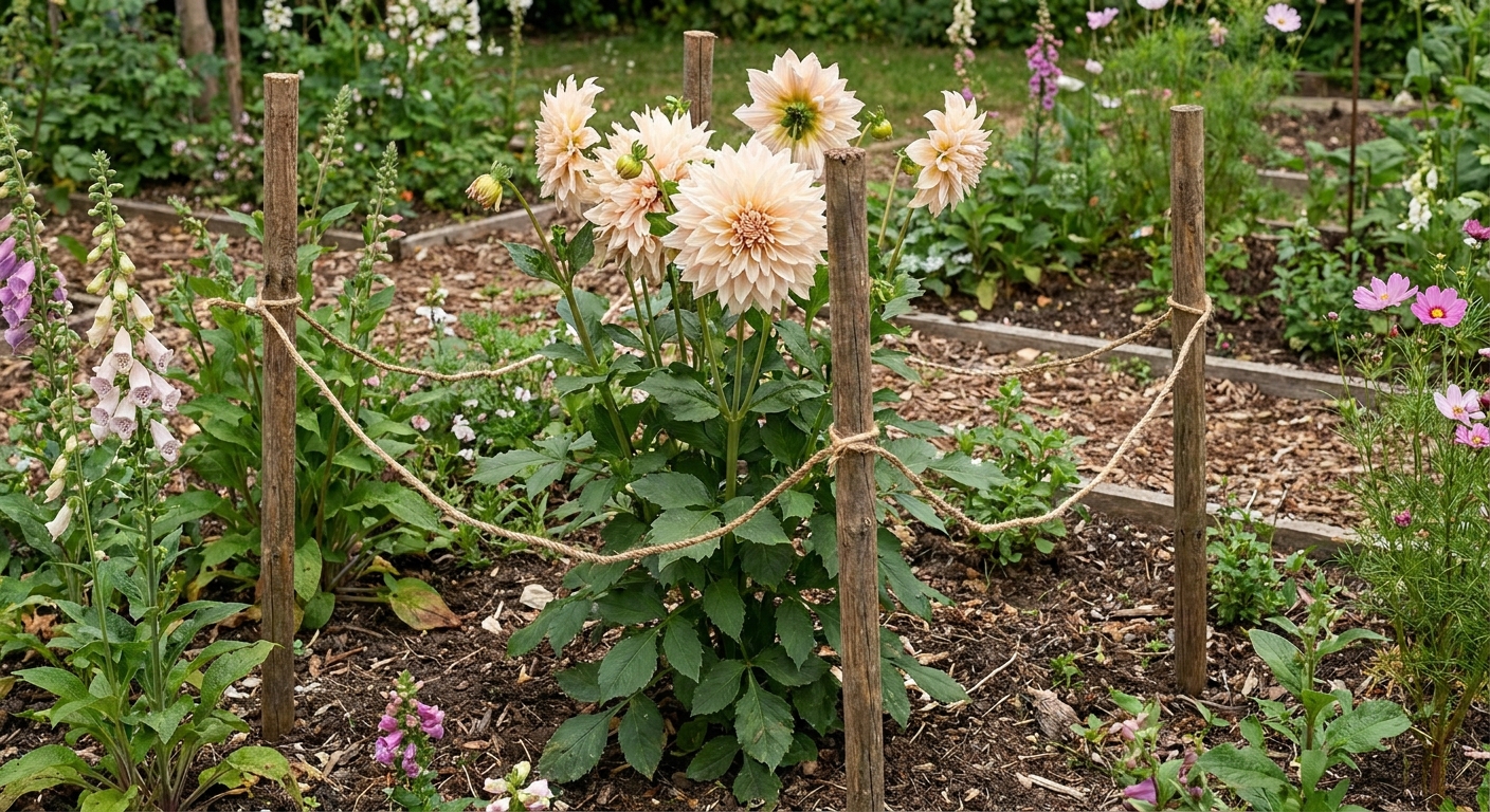 A single dahlia plant in a garden bed surrounded by three wooden stakes with twine woven in a loose corral around the stems