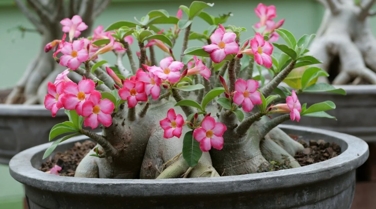 A single desert rose (Adenium) in a terracotta pot on a sunny patio, with a thick swollen caudex and pink trumpet-shaped blooms, real-life garden photography style