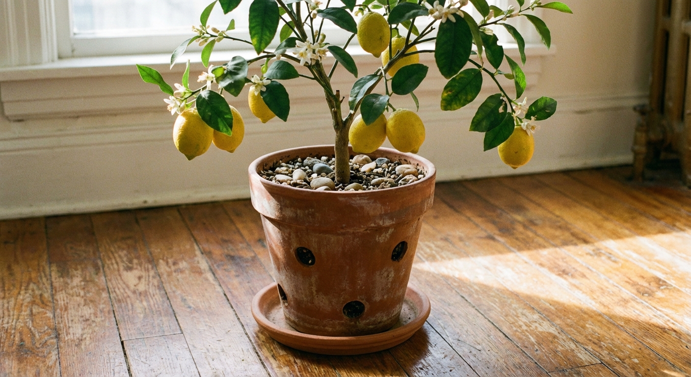 A single dwarf lemon tree planted in a terracotta pot with visible drainage holes, sitting on a simple plant tray on a hardwood floor, photorealistic