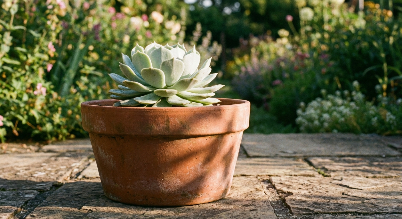 A single echeveria in a clay pot on a patio receiving morning sunlight, with soft shadows and a blurred garden background, photorealistic