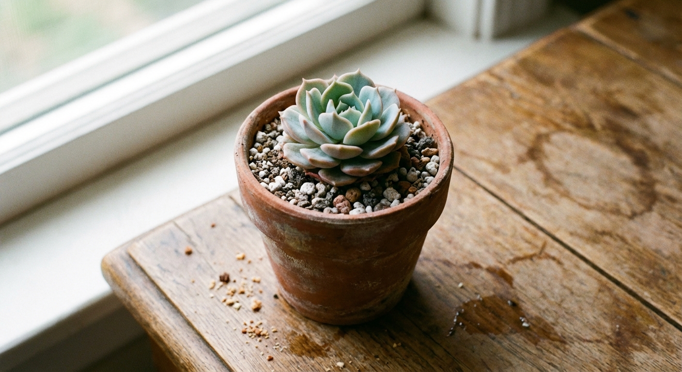A single echeveria planted in a small terracotta pot with gritty soil visible on top, sitting on a wooden table in natural light, photorealistic