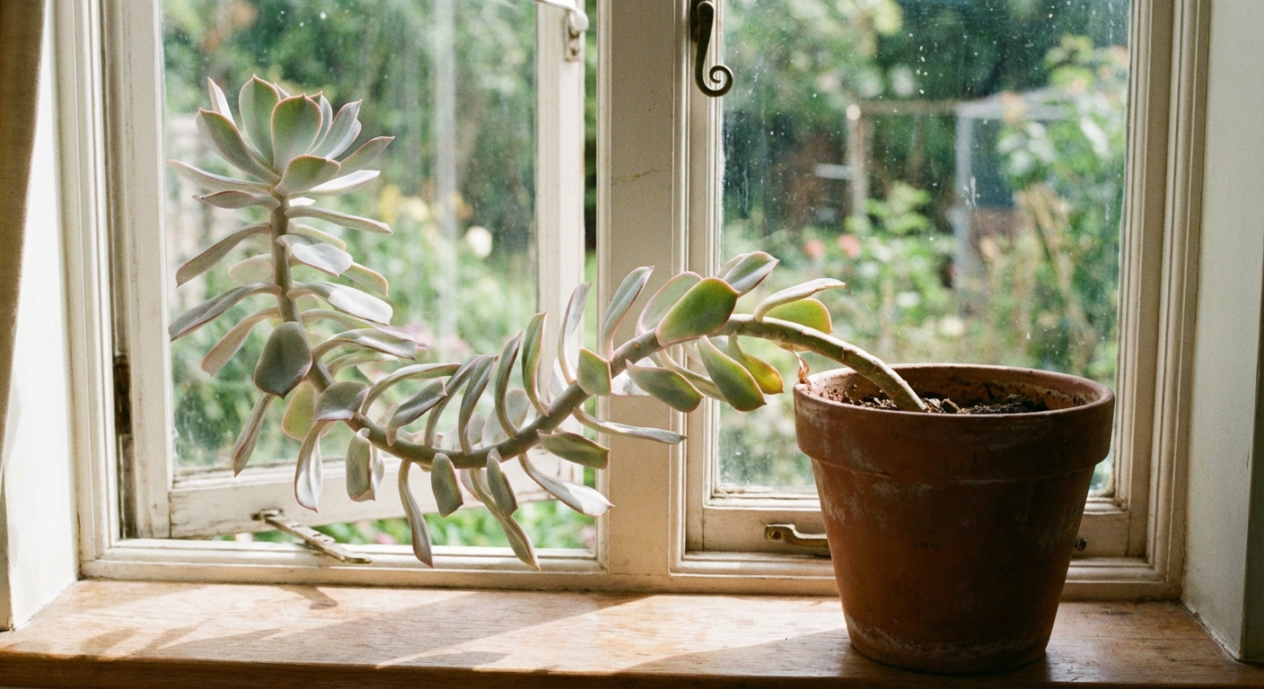 A single echeveria with a noticeably elongated stem and spaced leaves leaning toward a window, indoor houseplant photo with natural light, photorealistic