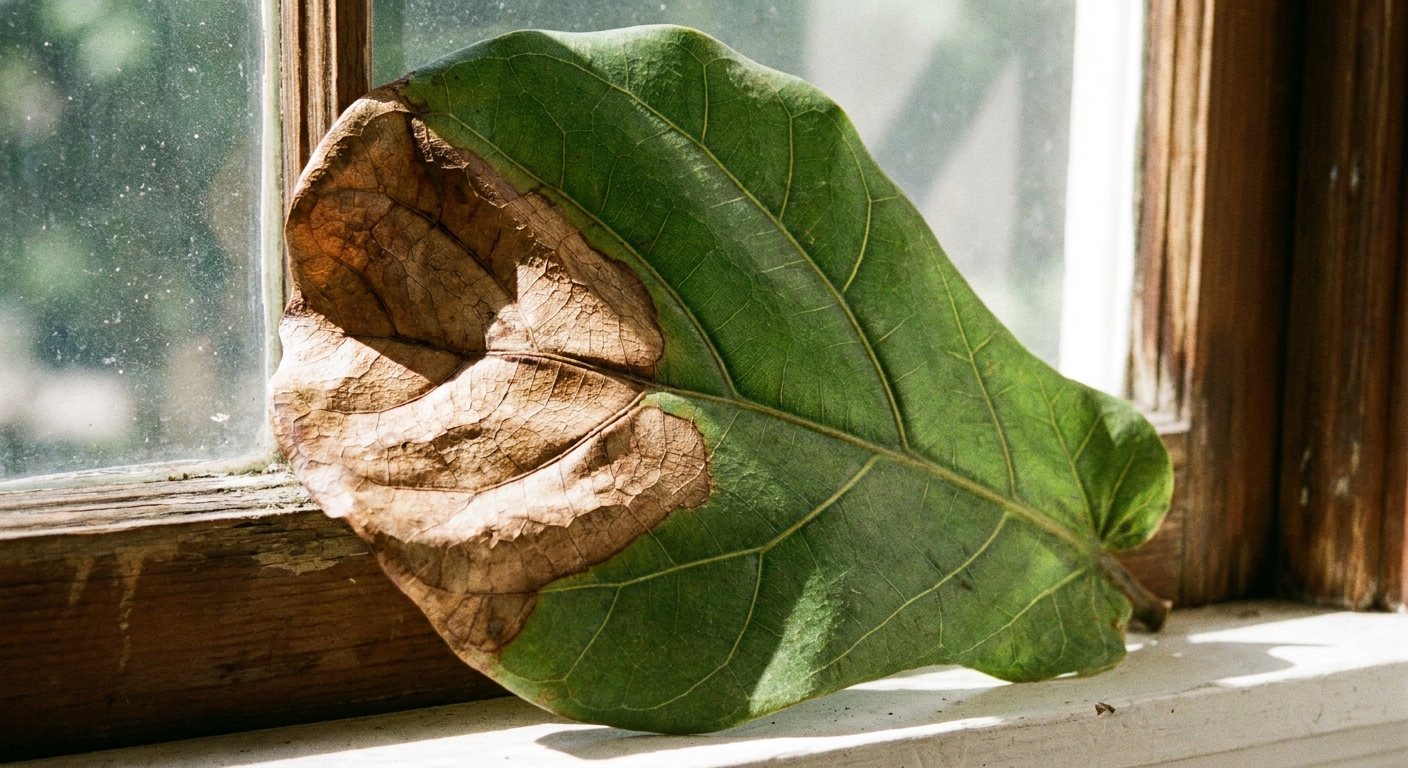 A single fiddle leaf fig leaf with a large dry brown sunburn patch, photographed in strong window light