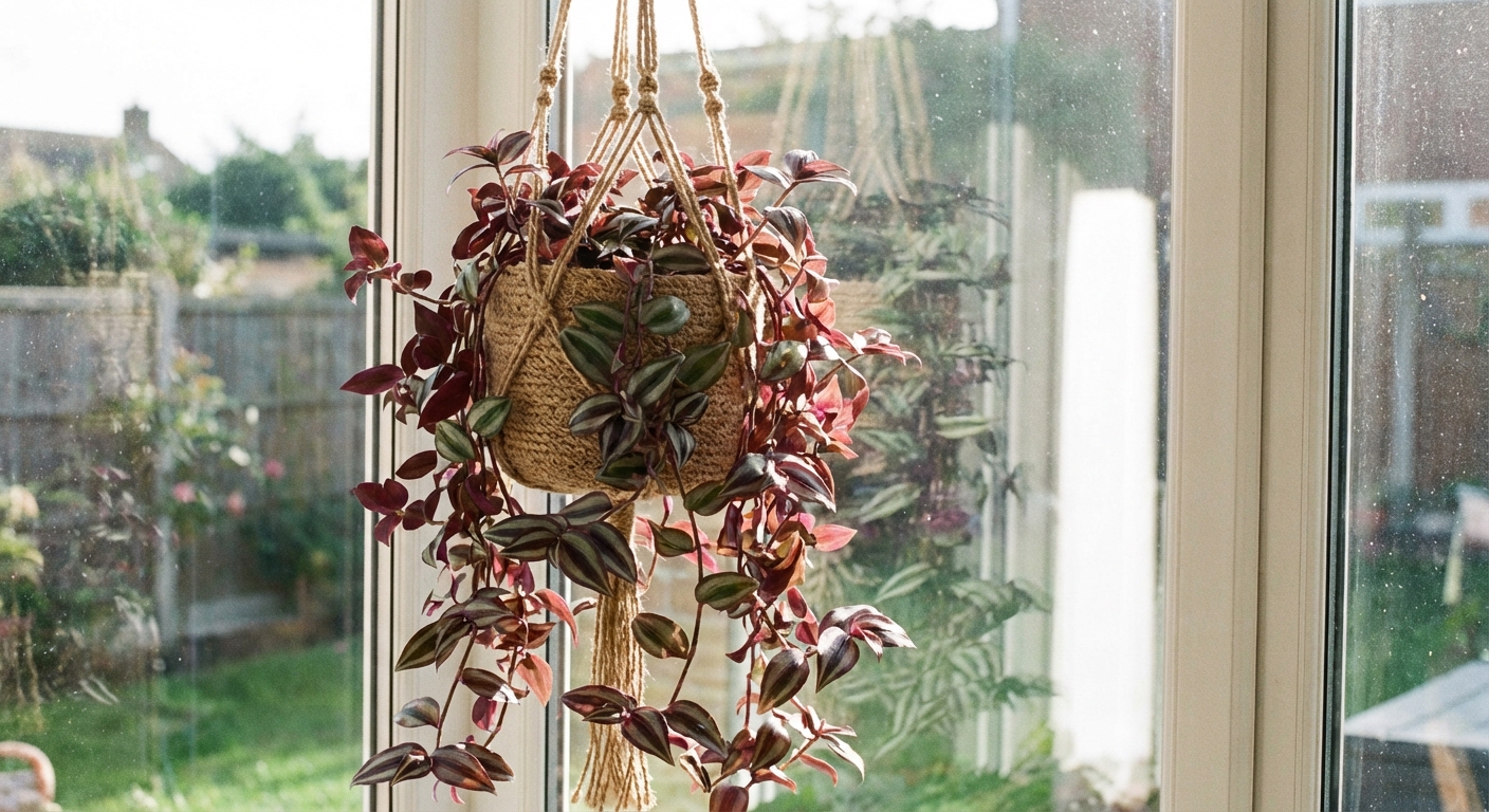 A single hanging basket of Tradescantia zebrina trailing down in long purple and silver striped vines near a bright window, natural indoor light, photorealistic