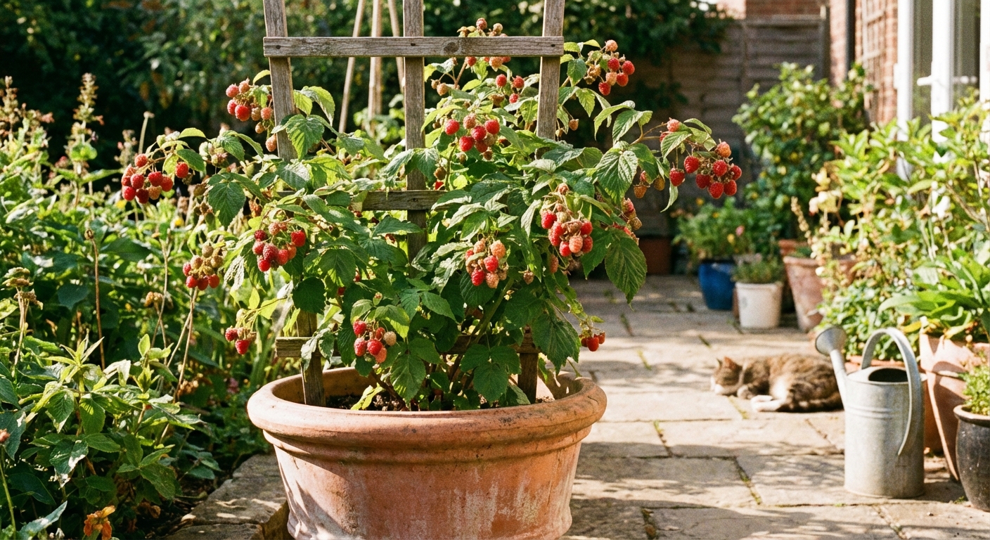 A single healthy raspberry plant growing in a large terracotta container on a sunny patio, with a small trellis behind it and clusters of ripening red berries, photorealistic garden photography