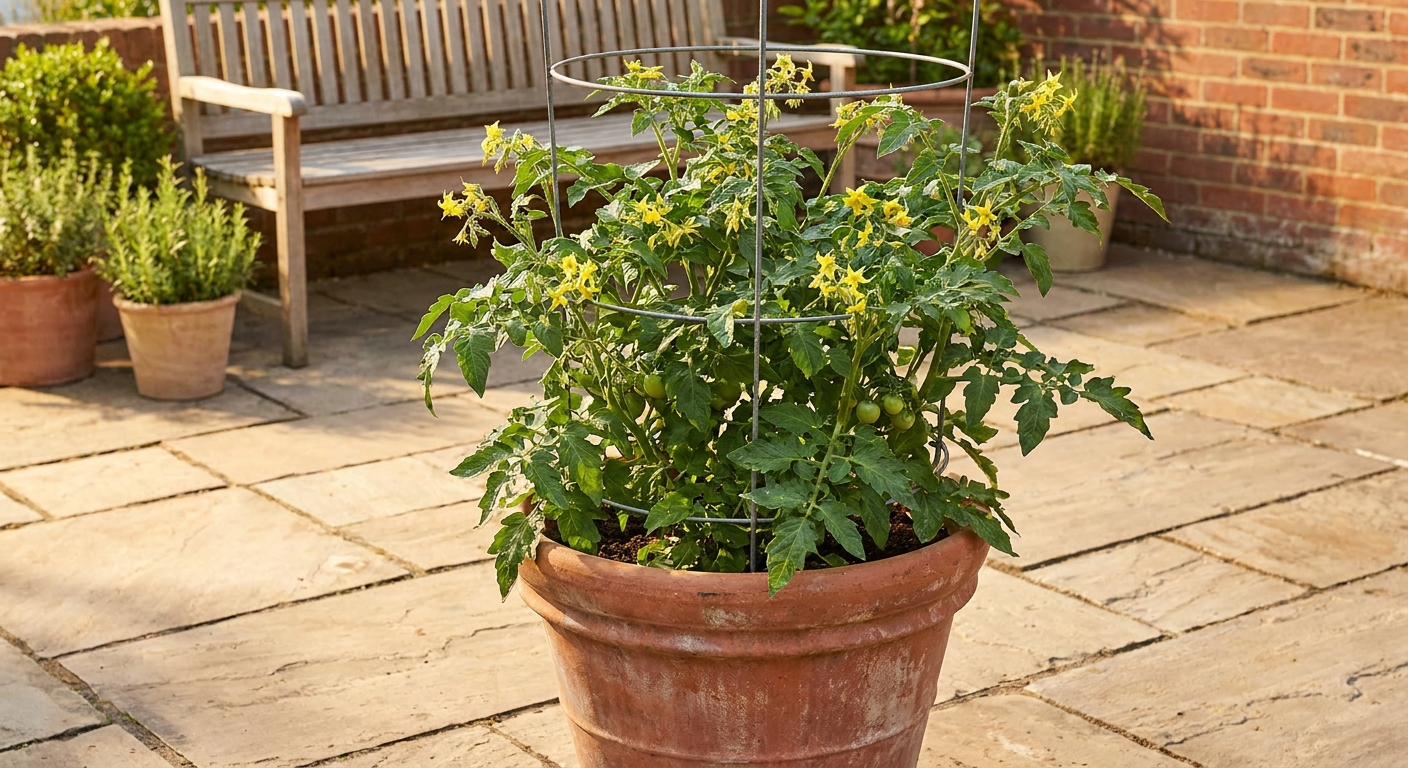 A single healthy tomato plant in a large container on a sunny patio, with visible yellow flowers and a sturdy cage supporting the stems
