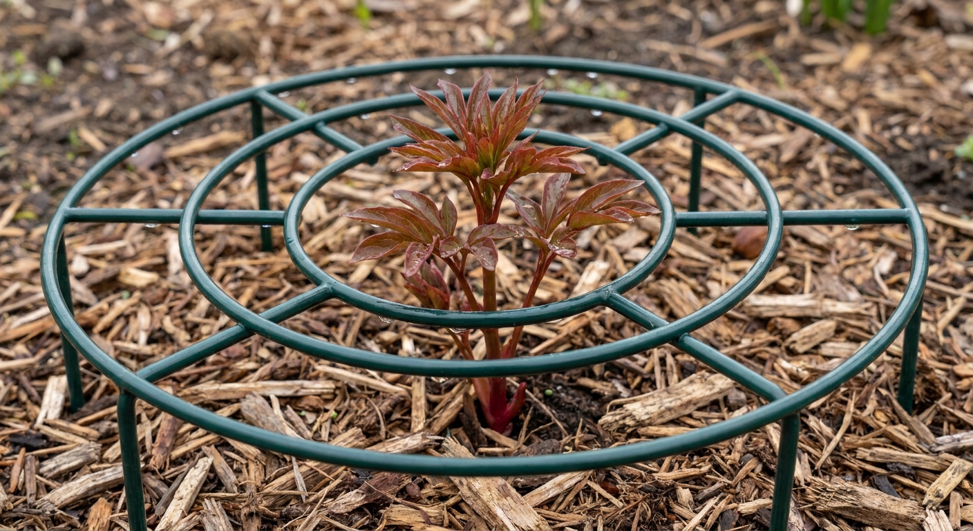 A single herbaceous peony emerging in spring with a dark green grow-through grid support set over the plant in a mulched garden bed
