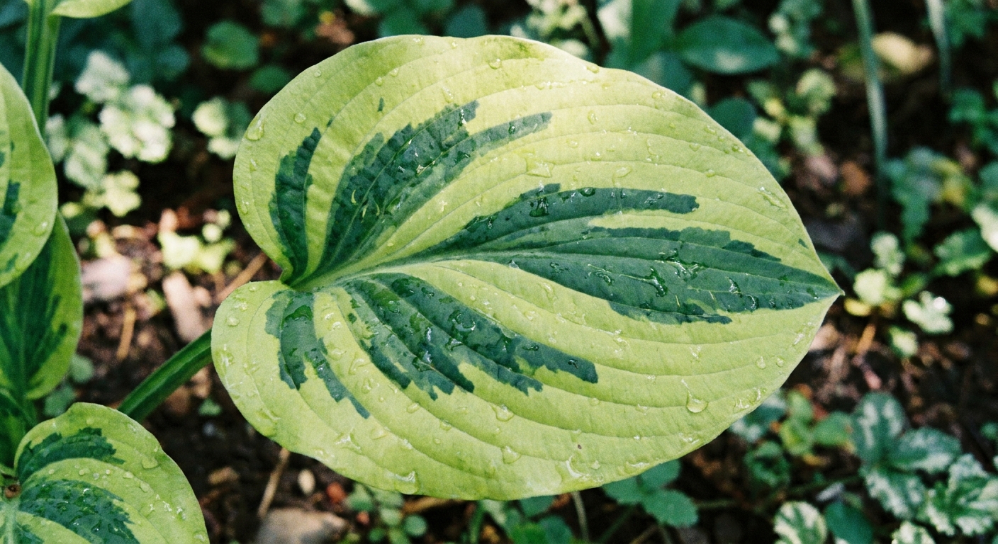 A single hosta leaf in garden light showing irregular dark green bleeding patterns within a lighter green leaf surface