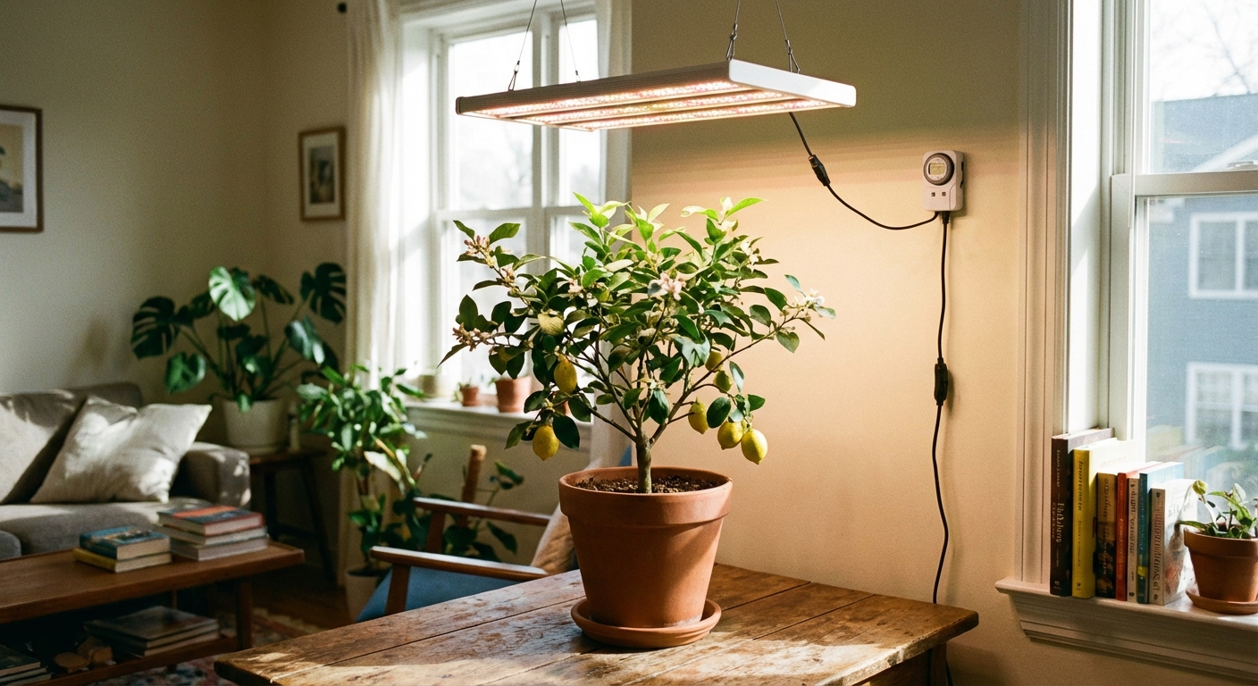 A single indoor dwarf lemon tree under a modern LED grow light on a timer, with the light fixture hanging above the canopy in a home setting, photorealistic