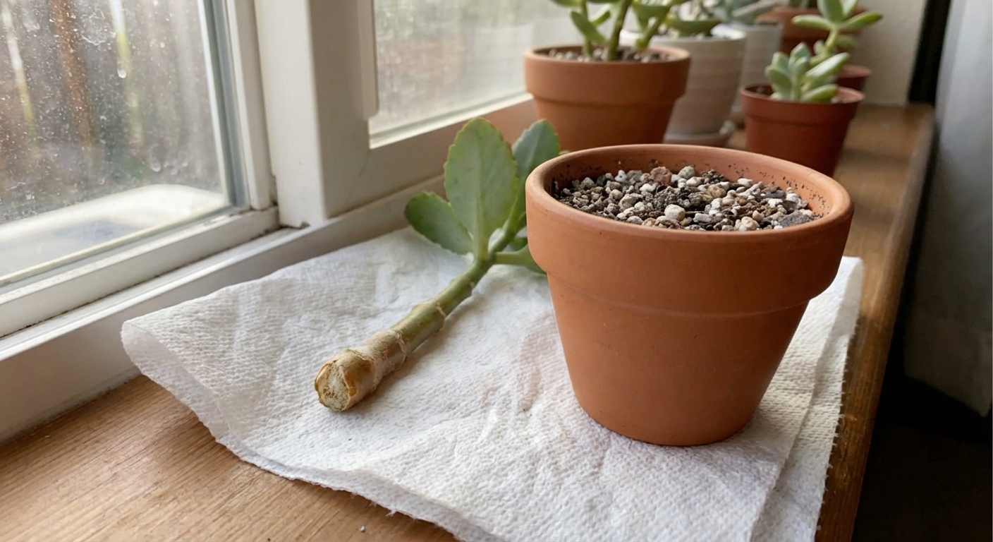 A single kalanchoe stem cutting callusing on a paper towel beside a small pot of succulent soil, bright indirect window light, photorealistic