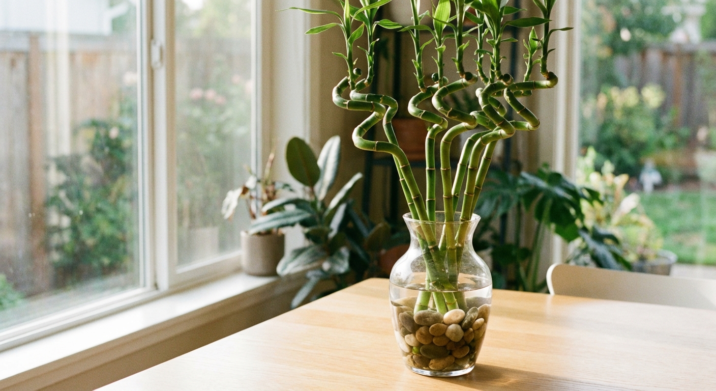 A single lucky bamboo arrangement with several green stalks growing in a clear glass vase filled with smooth river stones and water, sitting on a bright indoor table with soft natural window light