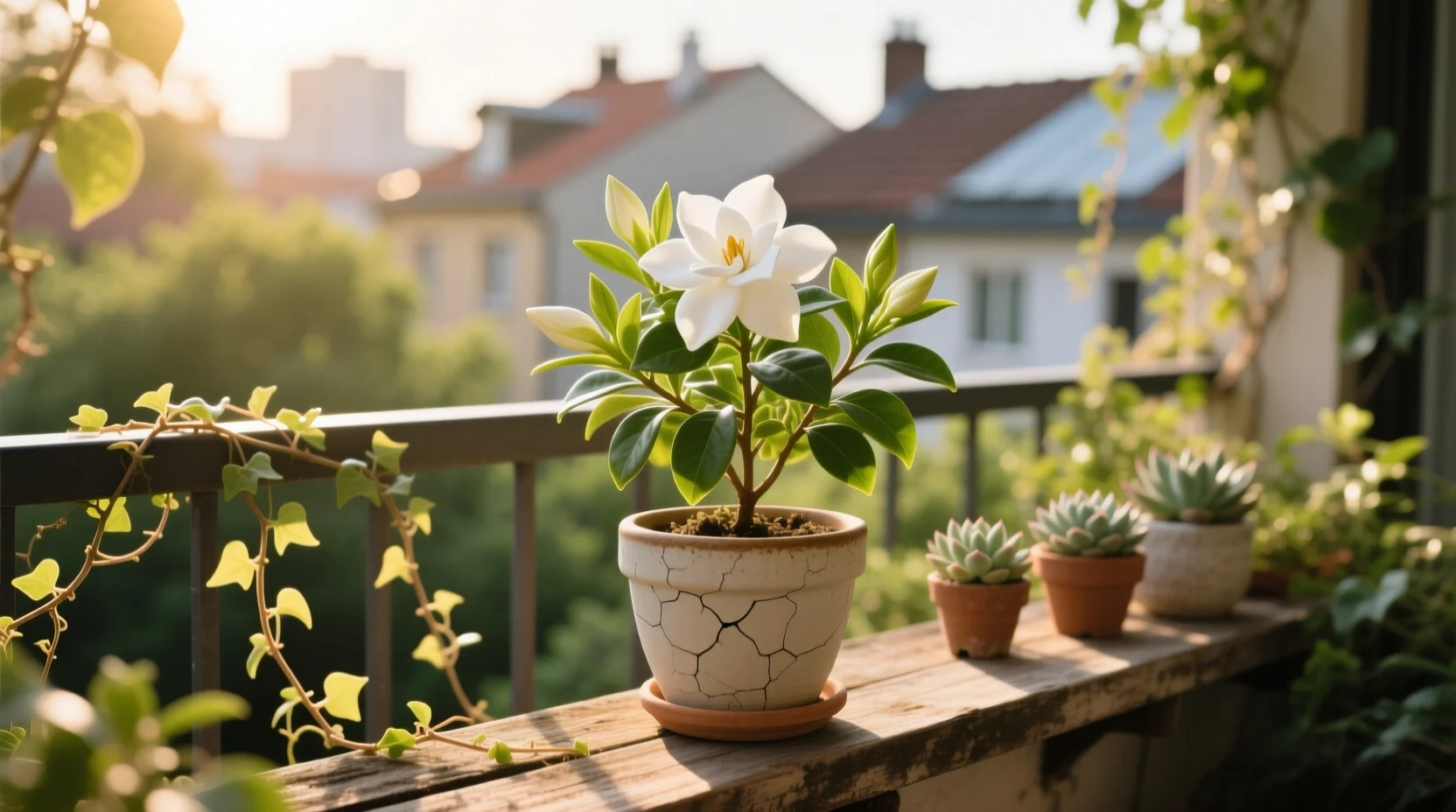 A single photograph of a blooming gardenia in a pot placed close to a bright east-facing window with soft morning sunlight hitting the glossy leaves