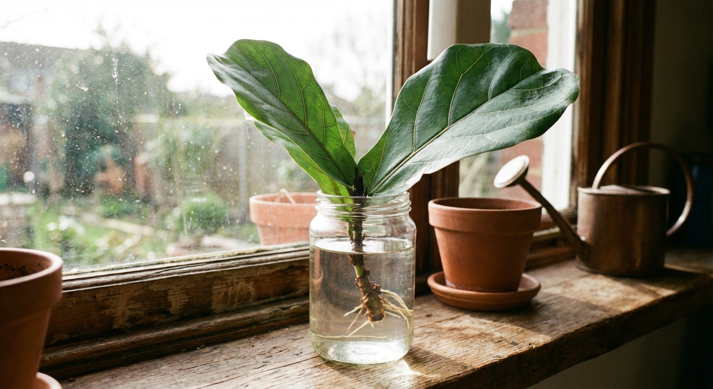 A single photorealistic indoor photo of a fiddle leaf fig stem cutting sitting in a clear glass jar of water on a windowsill, with the node submerged and bright indirect daylight