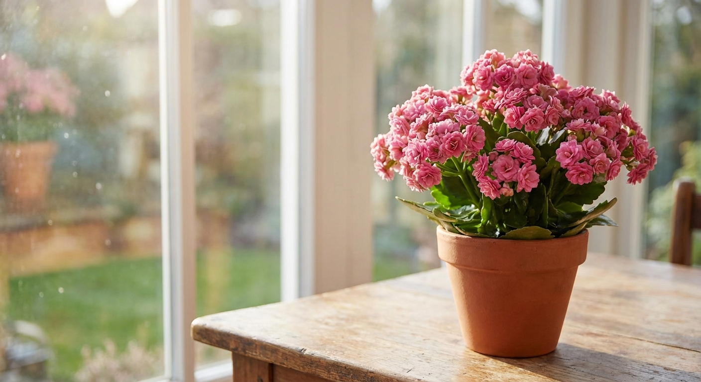 A single potted Calandiva kalanchoe with dense double pink flowers on a wooden table near a bright window, shallow depth of field, photorealistic