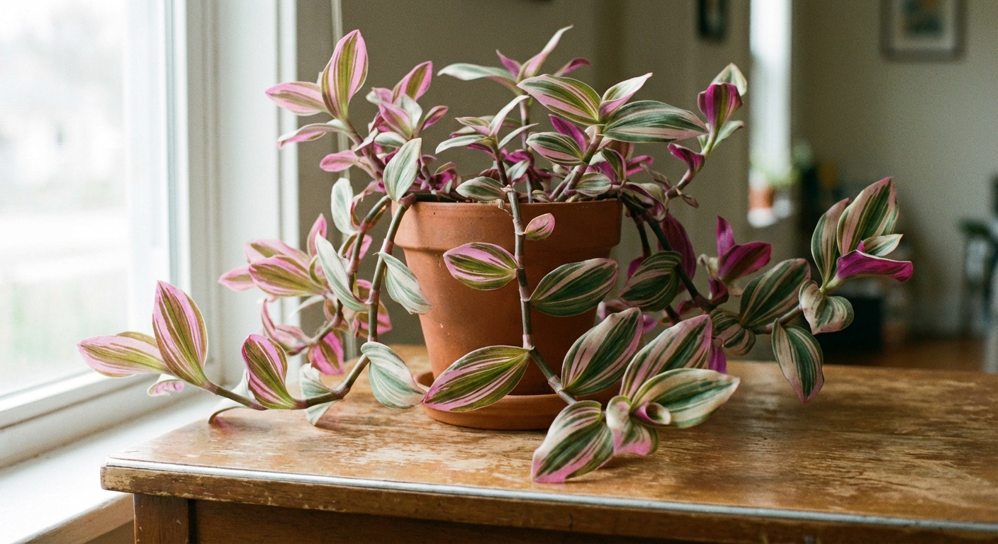 A single potted Tradescantia Nanouk on a tabletop with thick stems and pink, green, and cream leaves, shot in soft natural window light, photorealistic