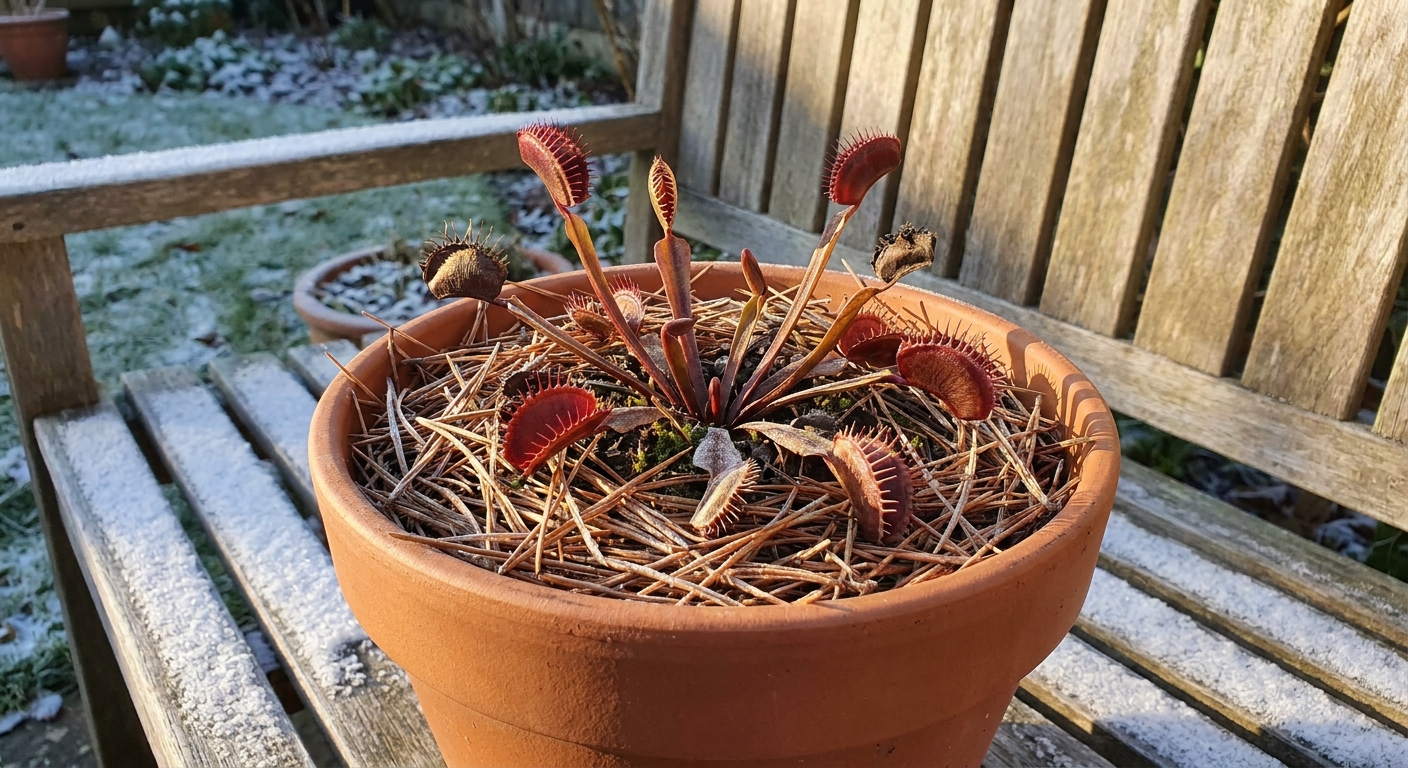 A single potted Venus flytrap outdoors in winter with a light layer of pine needle mulch around the pot and cool sunlight, real garden photo