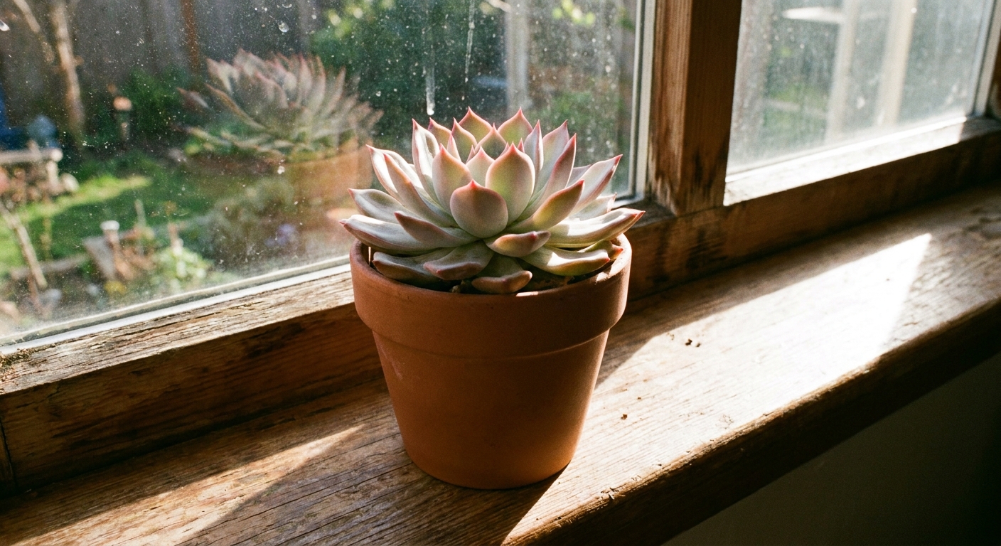 A single potted echeveria succulent sitting near a bright window with strong sunlight on the leaves, real photography style