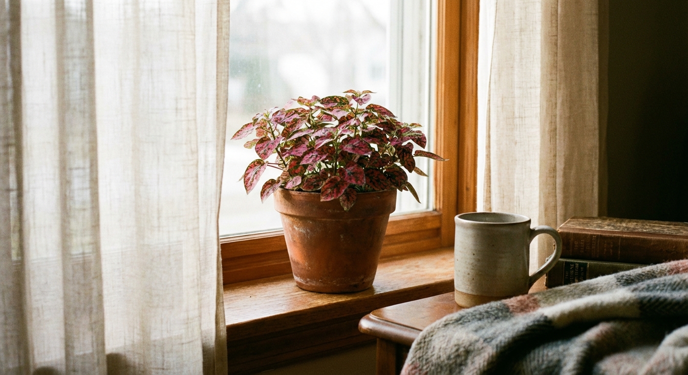 A single potted polka dot plant on a bright east-facing windowsill with sheer curtain light, showing compact growth and vibrant spotting, photographed in a cozy home setting
