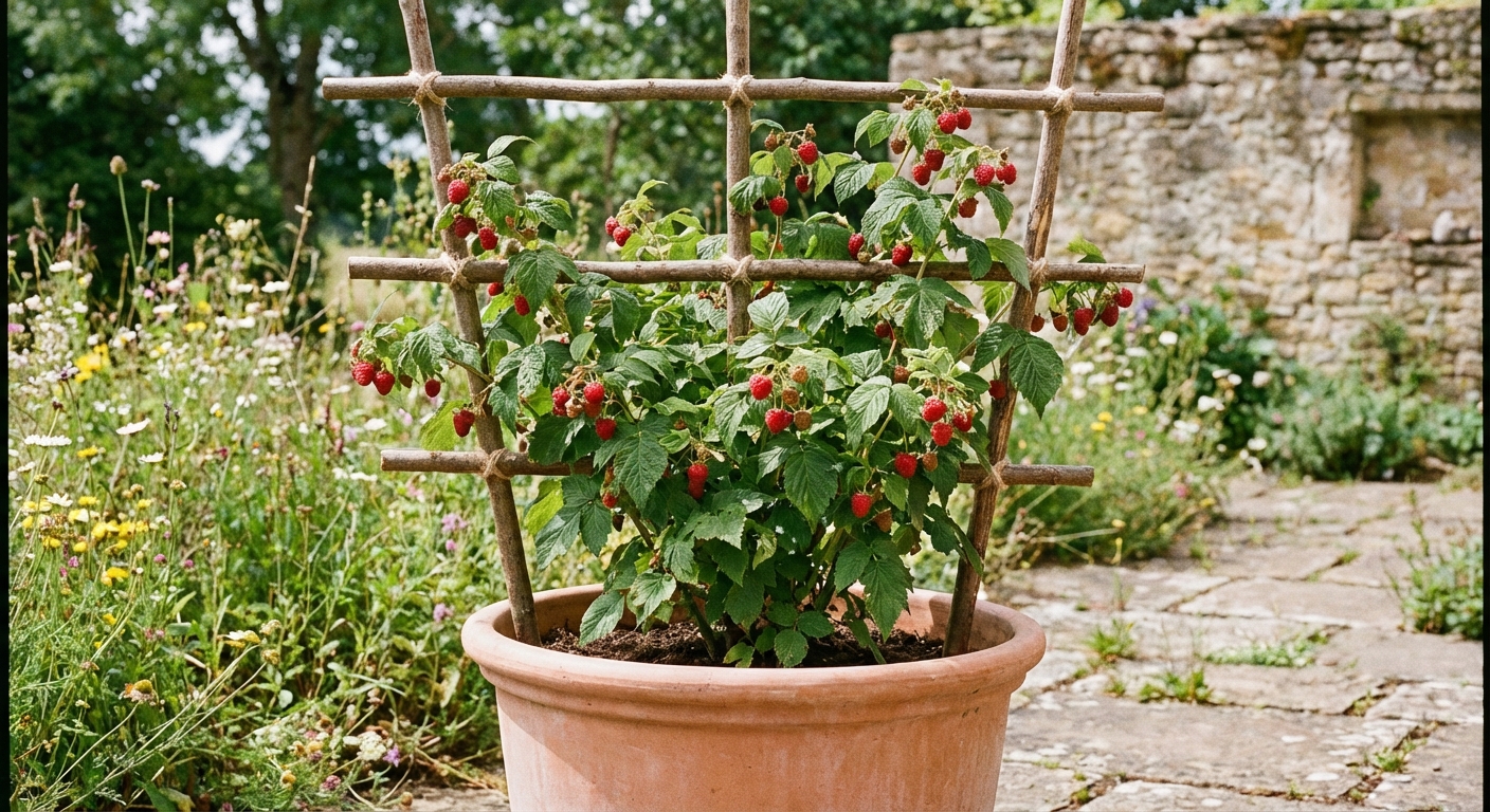 A single raspberry plant in a large container with a simple wooden trellis behind it, canes tied neatly with soft ties, berries visible among green leaves, natural outdoor lighting