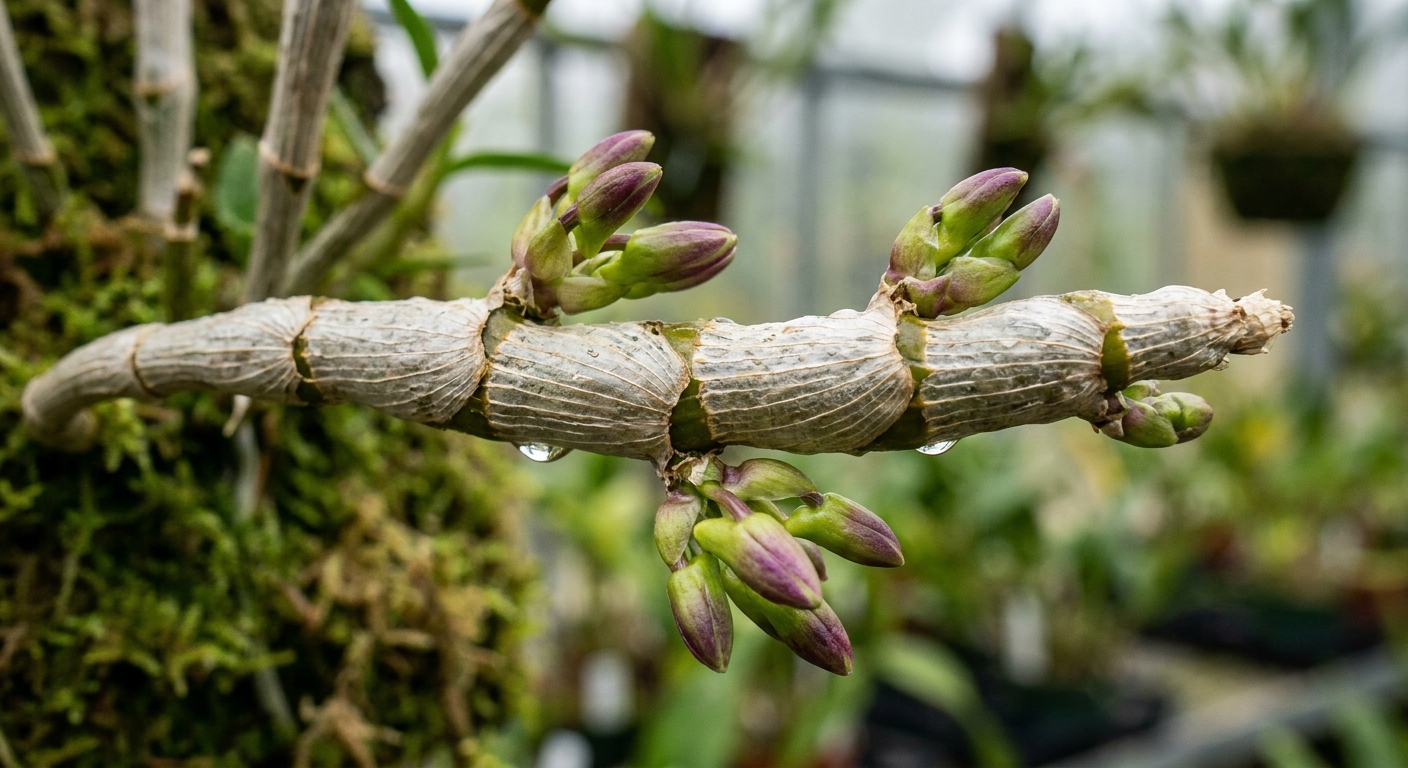 A single real photograph close up of a Dendrobium nobile cane showing multiple flower buds emerging from nodes along the cane, sharp focus, natural light