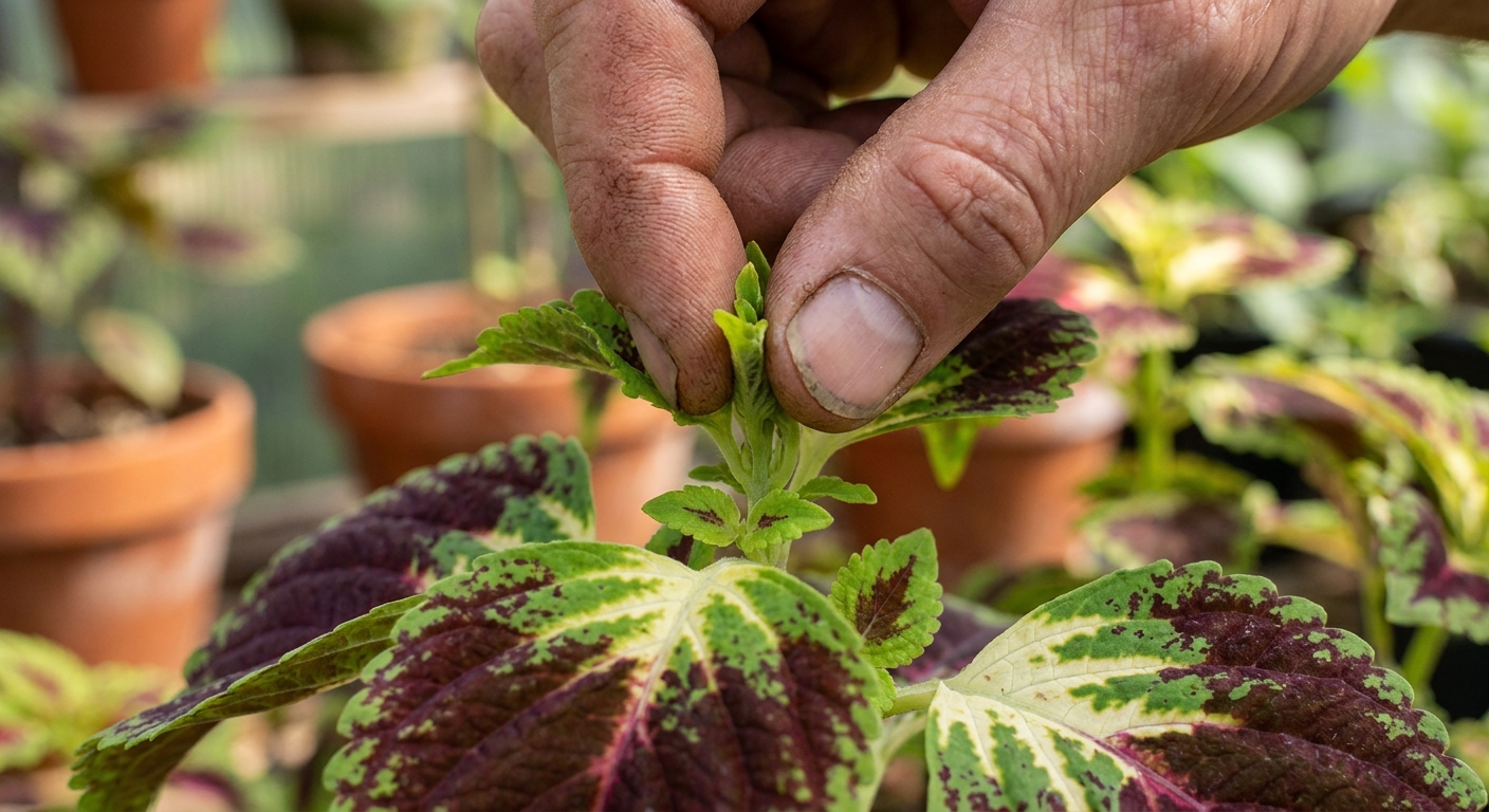 A single real photograph close up of hands gently pinching the growing tip of a coleus stem just above a leaf node, with colorful leaves in sharp focus