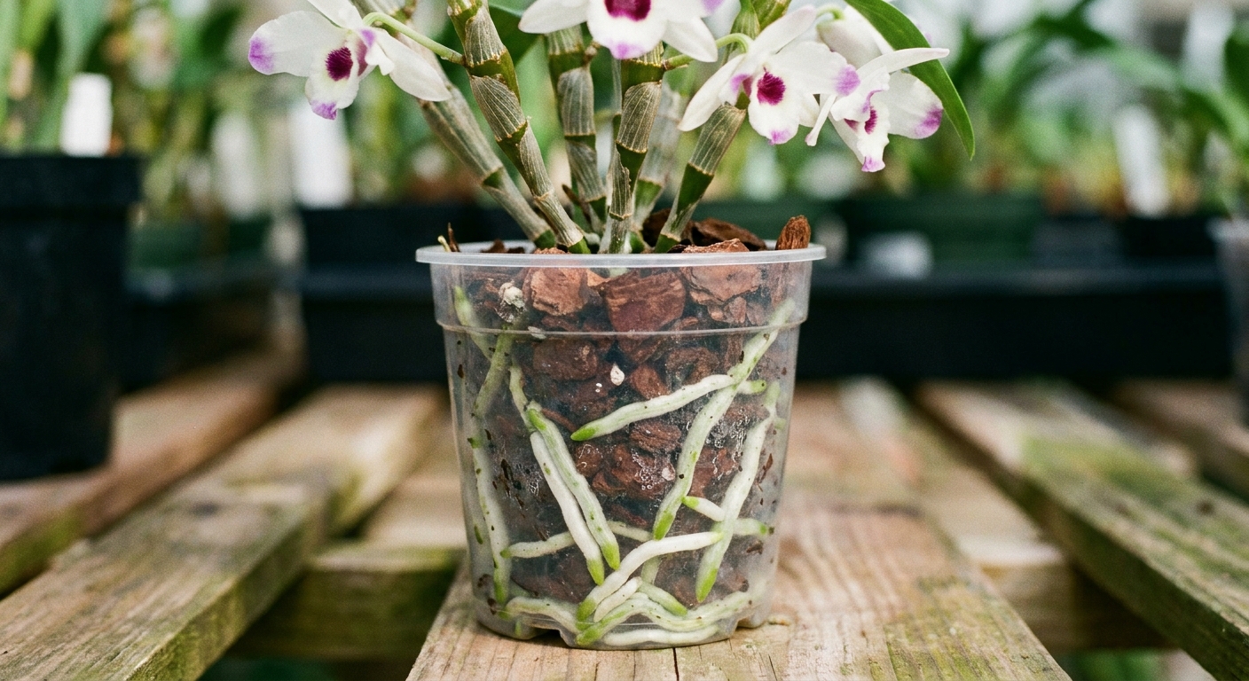 A single real photograph of a Dendrobium orchid in a clear plastic pot showing healthy white and green roots pressed against the pot wall, with chunky bark mix visible